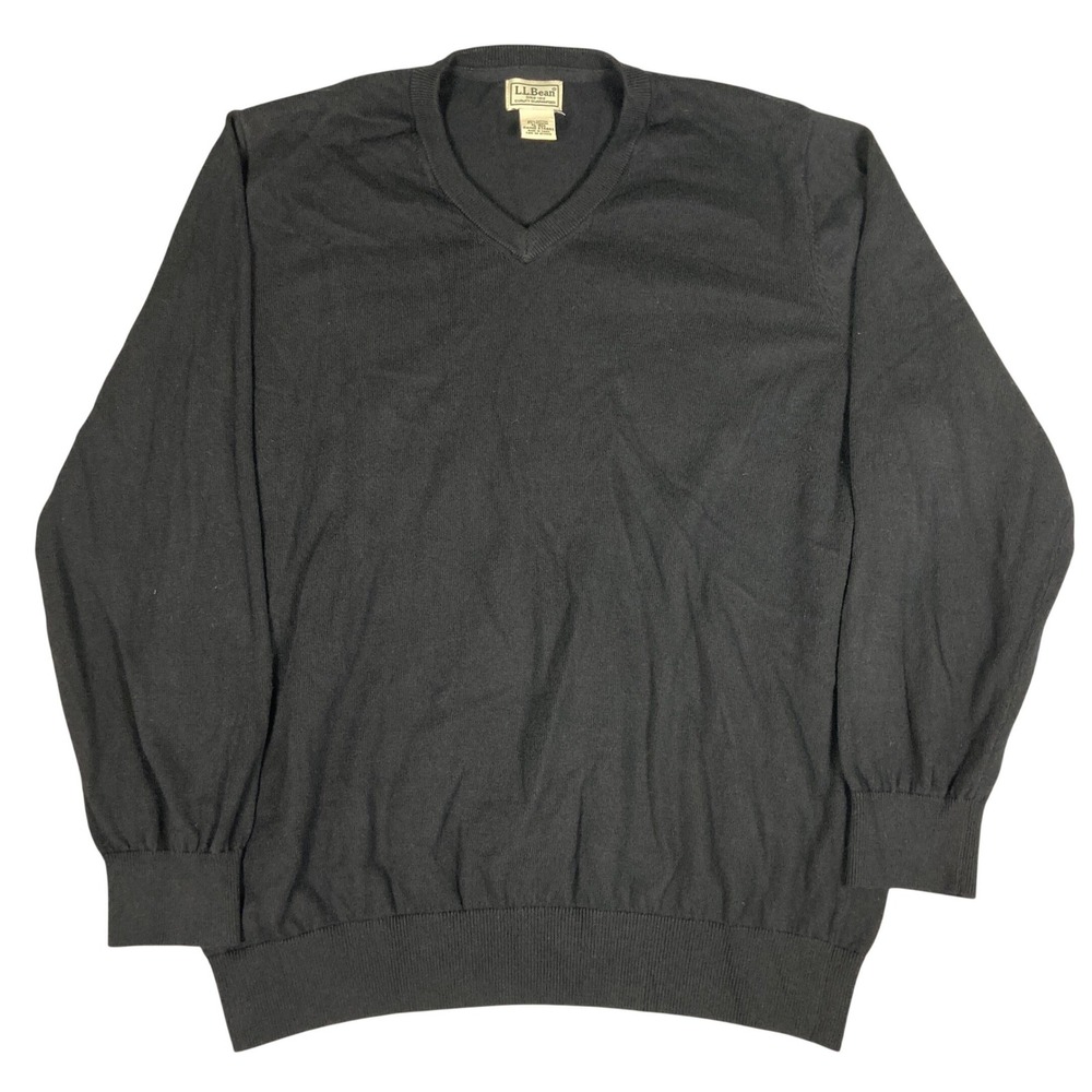LL Bean Mens XL V-Neck Sweater Black Cotton Cashmere Knit Pullover 274603